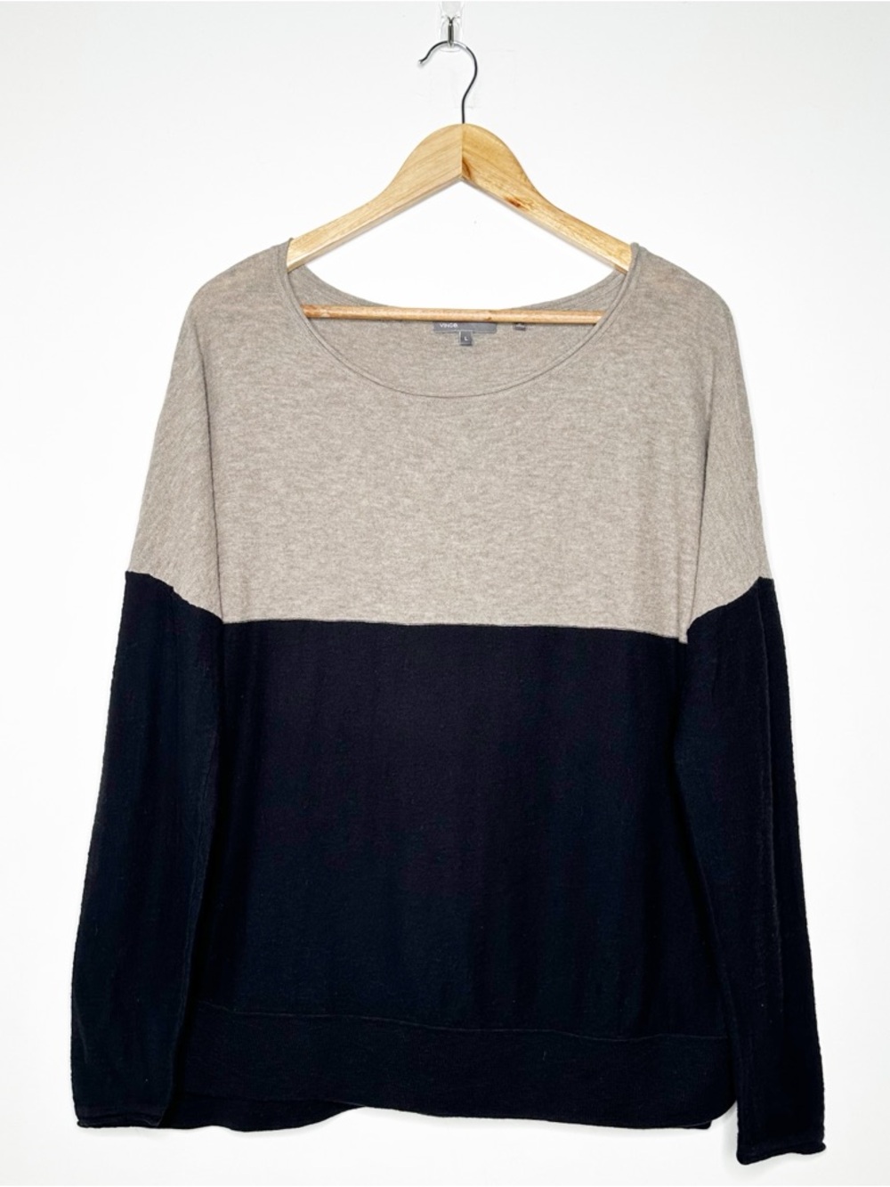 Vince Color Block Sweater Taupe Black Boat Neck 100% Cotton Large L